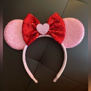Minnie Mouse Pink Sequined Ear Headband with Red Bow & Pink Heart